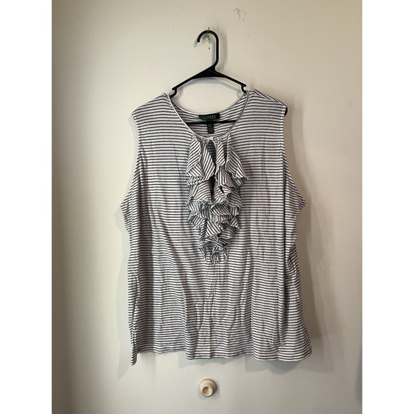 Lauren Ralph Lauren Ruffle Front Sleeveless Blouse Plus Size 3X‎ White Striped - Picture 1 of 4